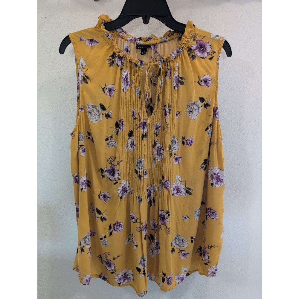 Torrid Yellow Floral Ruffle Neck Pleated Blouse - Plus Size 1